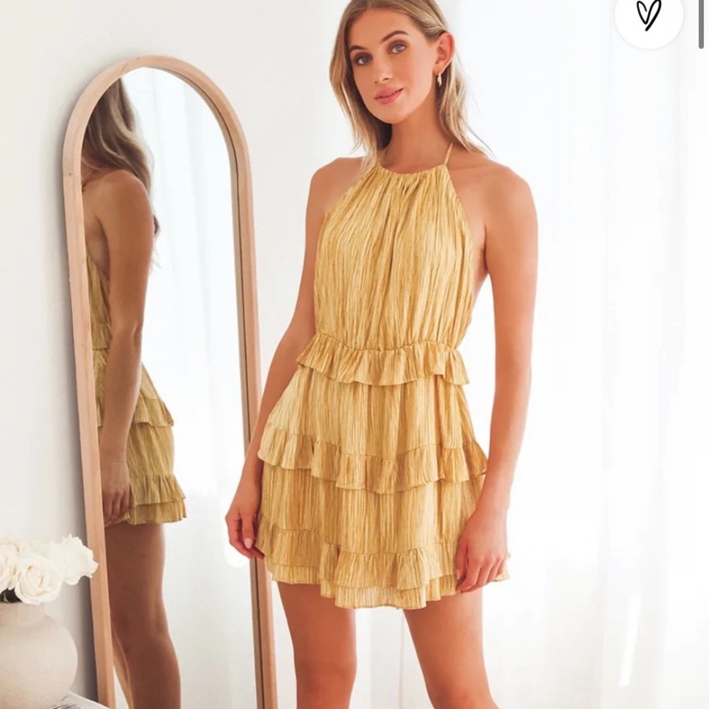 Lulu’s yellow halter ruffles mini dress, size S NWT